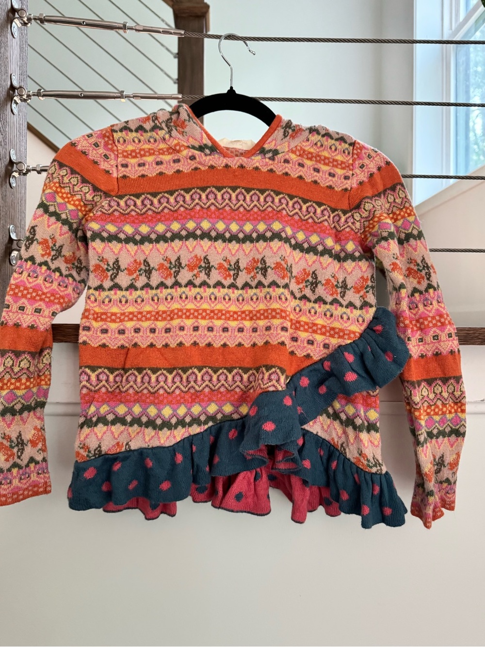 Girls' Matilda Jane Multicolor Fair Isle Hooded Sweater with Ruffle Hem 6
